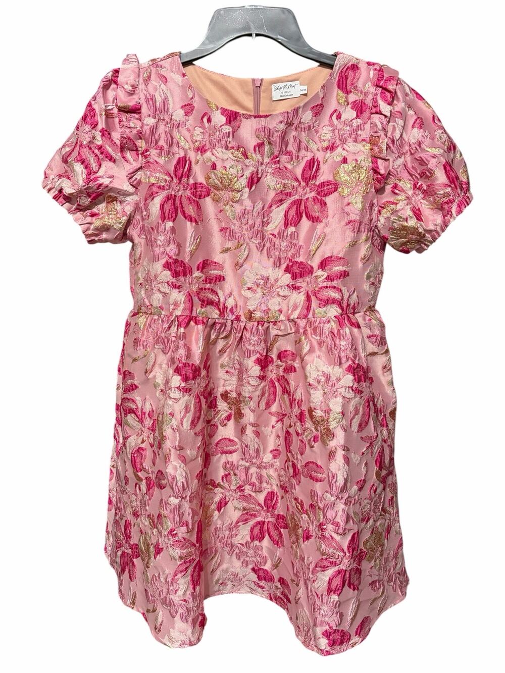 Shop The Mint Girls Pink Floral Jacquard Dress 14/16 Puff Sleeve Ruffle Gold